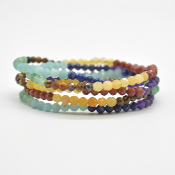 Natural 7 Chakra Semi-Precious FACETED Round Gemstone Crystal Bracelet, Sample Strand - 4mm  - 1 Count - 7.5 inches - Set 01