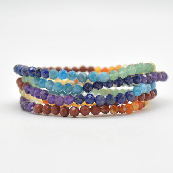 Natural 7 Chakra Semi-Precious FACETED Round Gemstone Crystal Bracelet, Sample Strand - 4mm  - 1 Count - 7.5 inches - Set 02