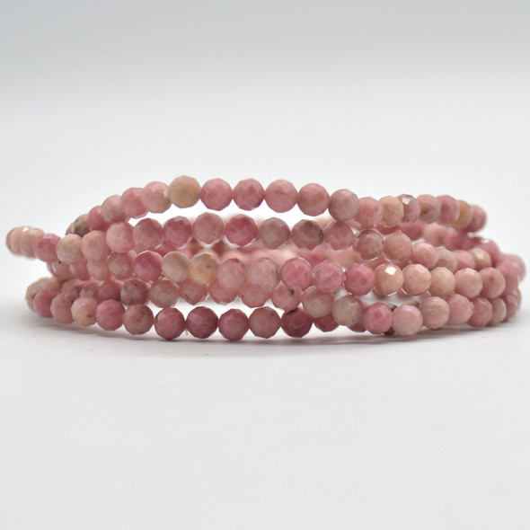 Natural Chinese Rhodonite Semi-Precious FACETED Round Gemstone Crystal Bracelet, Sample Strand - 4mm  - 1 Count - 7.5 inches