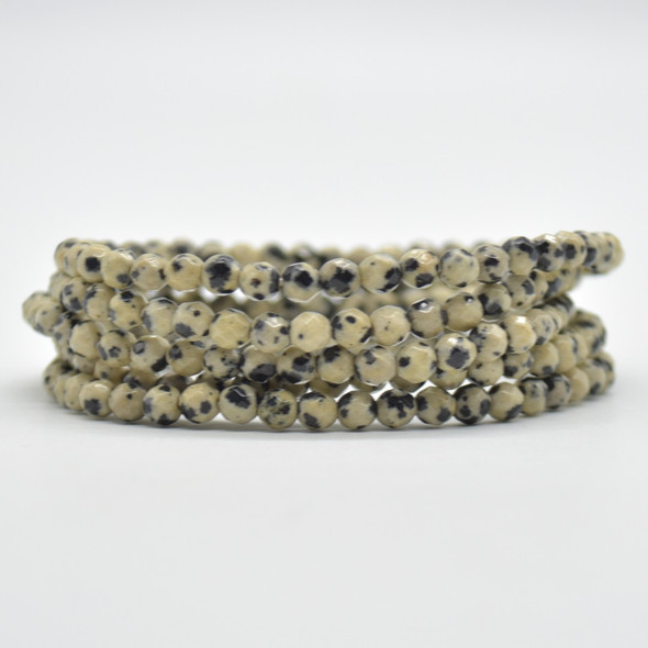 Natural Dalmatian Jasper Semi-Precious FACETED Round Gemstone Crystal Bracelet, Sample Strand - 4mm  - 1 Count - 7.5 inches