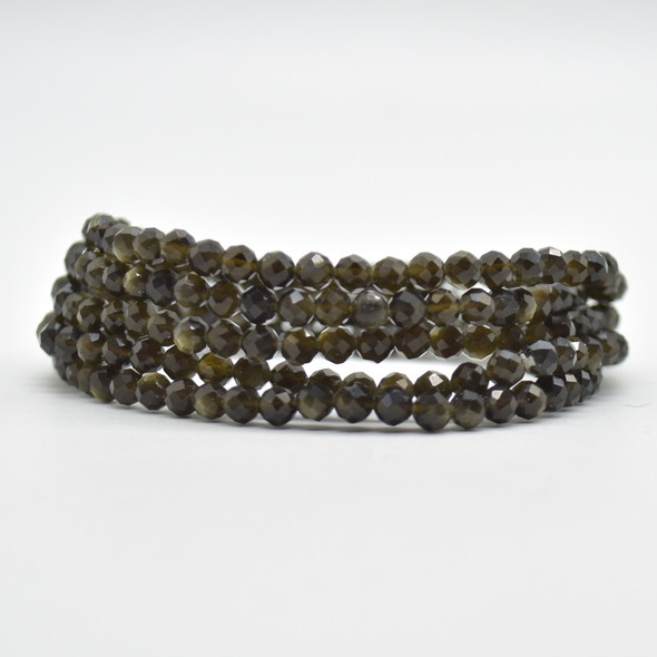 Natural Golden Sheen Obsidian Semi-Precious FACETED Round Gemstone Crystal Bracelet, Sample Strand - 4mm  - 1 Count - 7.5 inches