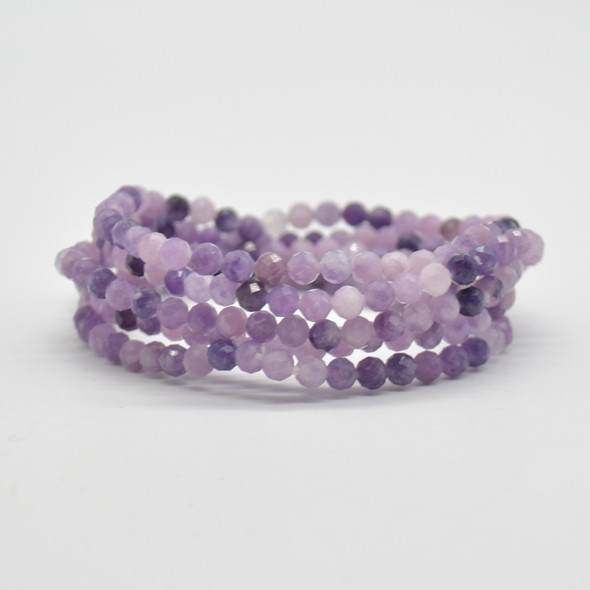 Natural Lepidolite Semi-Precious FACETED Round Gemstone Crystal Bracelet, Sample Strand - 4mm  - 1 Count - 7.5 inches