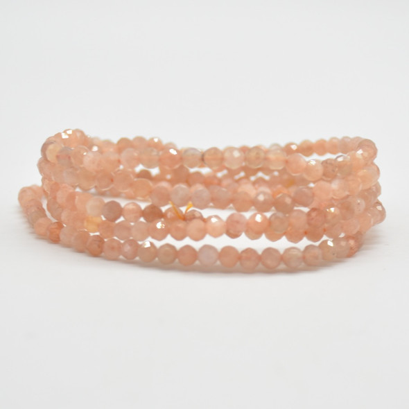 Natural Peach Moonstone Semi-Precious FACETED Round Gemstone Crystal Bracelet, Sample Strand - 4mm  - 1 Count - 7.5 inches