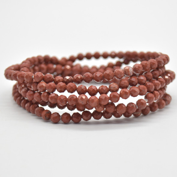 Natural Red Jasper Semi-Precious FACETED Round Gemstone Crystal Bracelet, Sample Strand - 4mm  - 1 Count - 7.5 inches