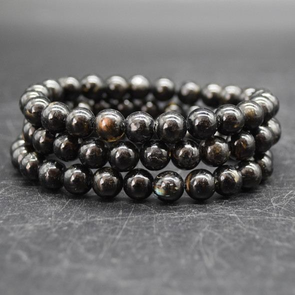 Natural Greenland Nuummite Semi-precious Gemstone Round Bead Bracelet - 6mm, 8mm Sizes - 7.5 inches