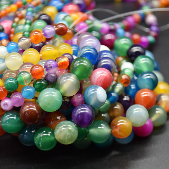 Grade B Multi-colour Banded Agate Semi-precious Gemstone Round Beads - 4mm, 6mm, 8mm, 10mm sizes - 15'' strand