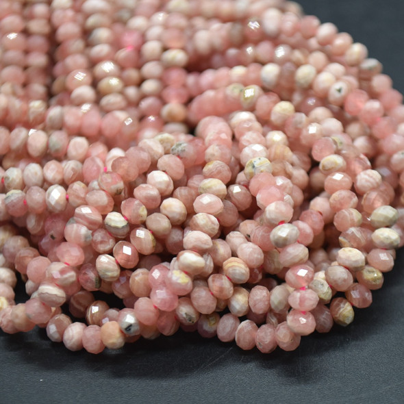 Natural Rhodochrosite Semi-Precious Gemstone FACETED Rondelle Beads - 4mm x 3mm - 15'' Strand