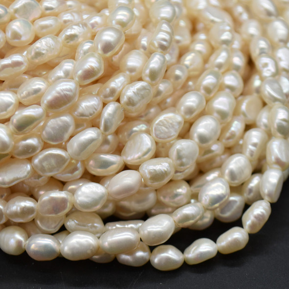 White Natural Freshwater Baroque Nugget Pearl Beads - Iridescent Rainbow Hue - Irregular Shapes - 6mm - 8mm x 5mm - 6mm - 15'' Strand