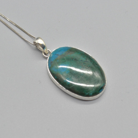 Chrysocolla Oval, Rectangular Pendant in 925 Silver , 1 Piece,  3.4-3.5cm,  No Chain - 3 Options