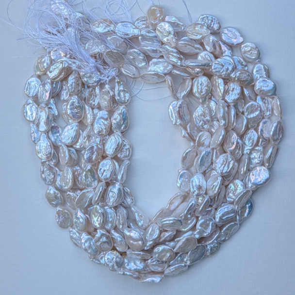 White Teardrop Coin Keshi Pearl Beads Strand | High Lustre Flat Petal Baroque Pearls for Jewellery Making