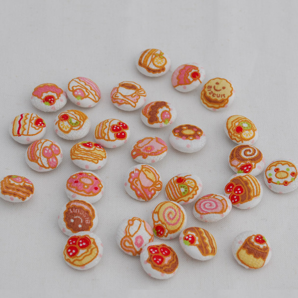 100 Fabric Covered Buttons - Cupcake Cake Afternoon Tea - 1.7cm