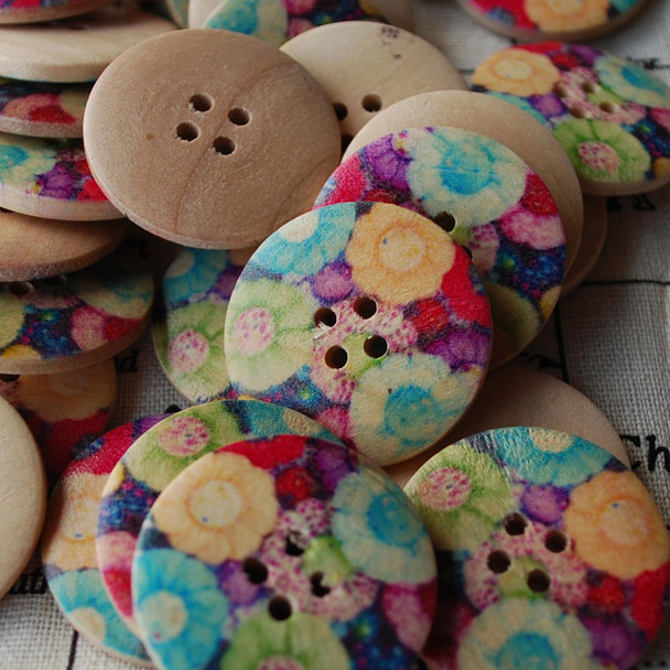 100 Floral Wood Buttons - Colourful Flower Field - 3cm