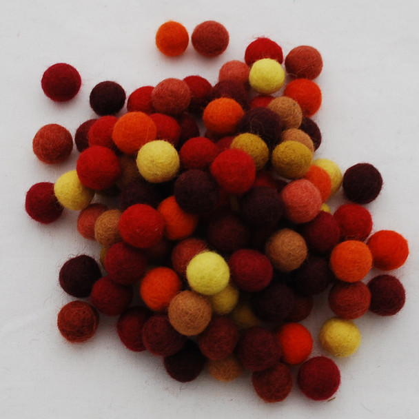 100% Wool Felt Balls - 100 Count - 1.5cm - Yellow Red Orange Colours