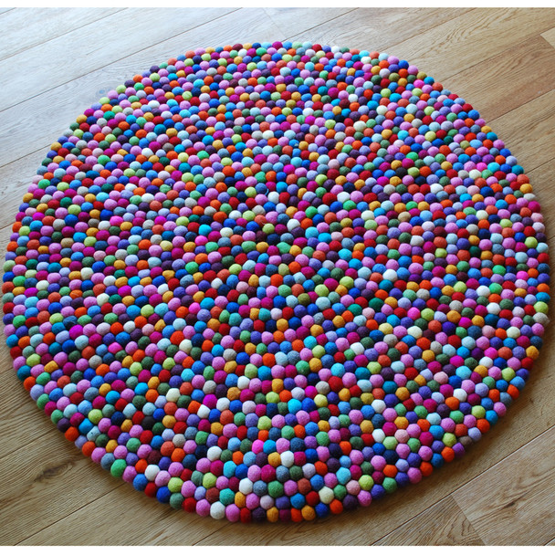 100% Wool Felt Ball Rug - Round - Handmade - 100cm in Diametre - Multi-Coloured 01