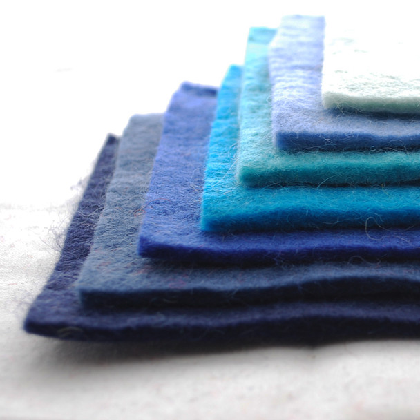 Handmade 100% Wool Felt Sheets - Approx 5mm Thick - 6" Square Bundle - Blue Colours