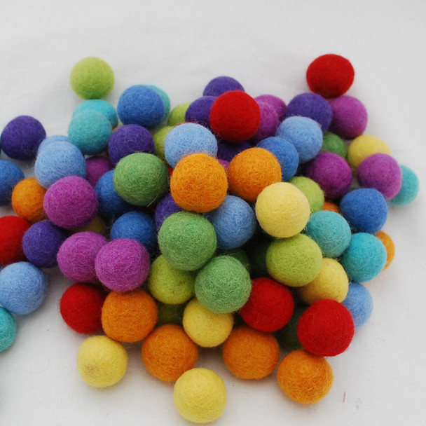 100% Wool Felt Balls - 100 Count - 2.5cm - Rainbow Colours