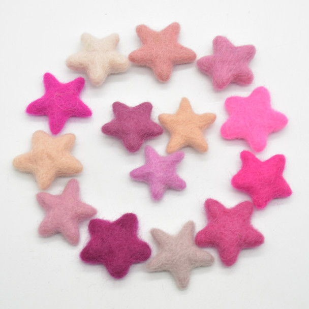 100% Wool Felt Stars - 14 Felt Stars - approx 3cm - Assorted Pink Colours