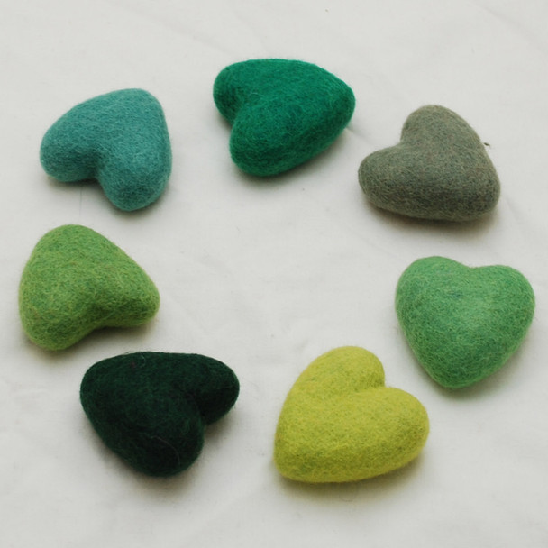 100% Wool Felt Heart - 6cm - Green Colours - 7 hearts