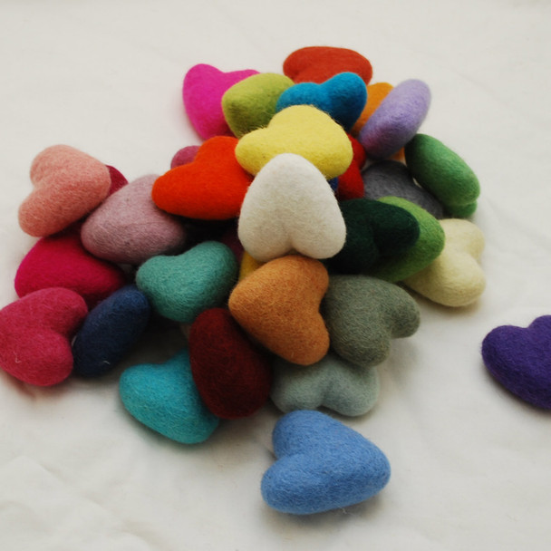 100% Wool Felt Heart - 6cm - Assorted Colours - 30 hearts