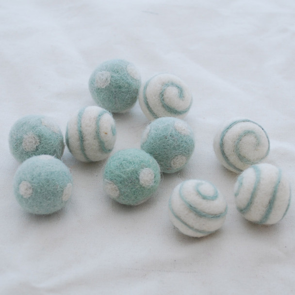 100% Wool Felt Balls - Polka Dots & Swirl Felt Balls - 2.5cm - 10 Count - Powder Blue