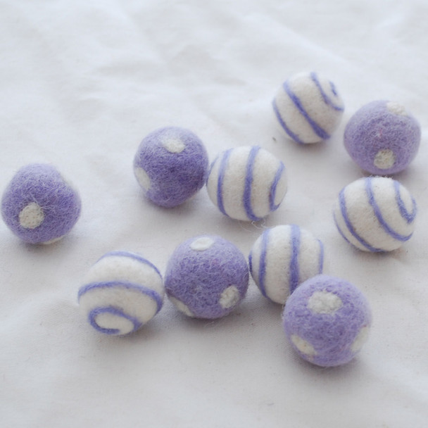 100% Wool Felt Balls - Polka Dots & Swirl Felt Balls - 2.5cm - 10 Count - Pastel Purple