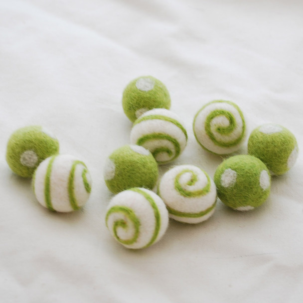 100% Wool Felt Balls - Polka Dots & Swirl Felt Balls - 2.5cm - 10 Count - Yellow Green