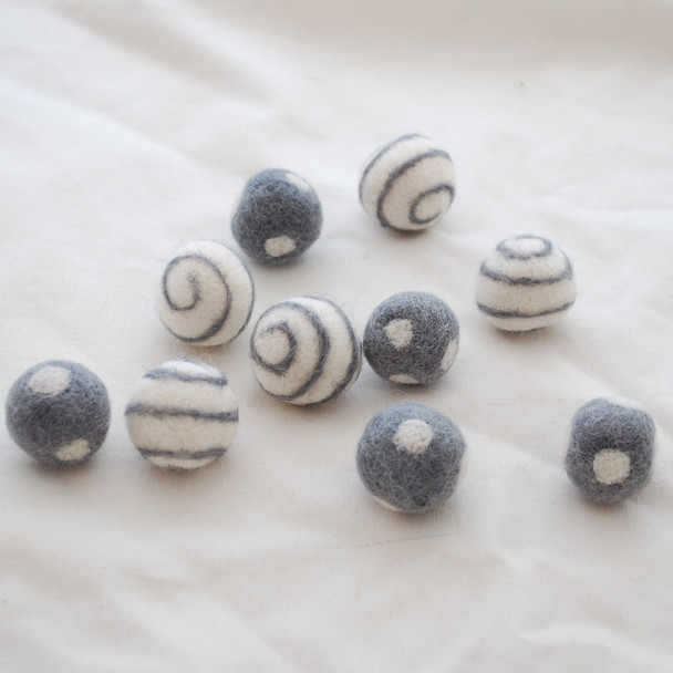 100% Wool Felt Balls - Polka Dots & Swirl Felt Balls - 2.5cm - 10 Count - Battleship Grey