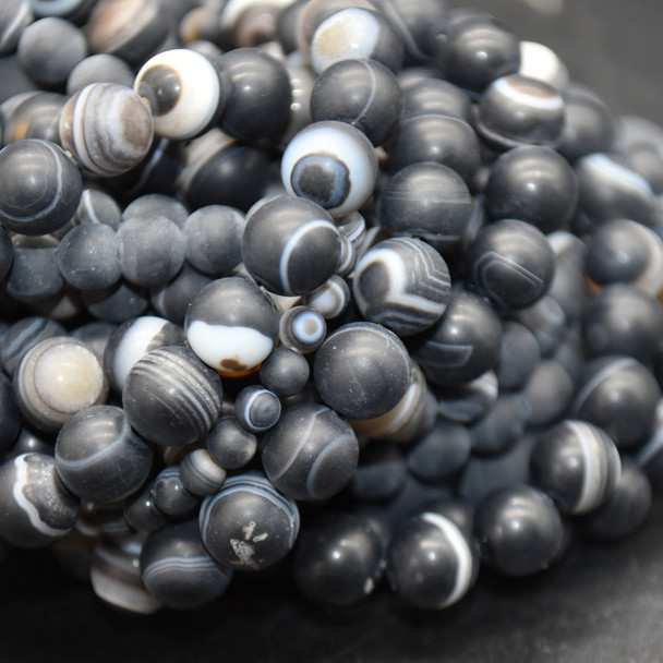 Semi-Precious Gemstone Frosted Matte Black Banded Agate Onyx Round Beads 4mm, 6mm, 8mm, 10mm