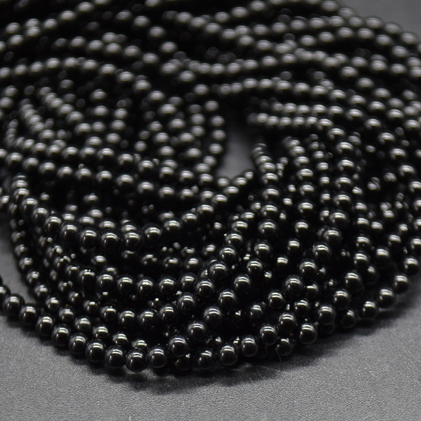 High Quality Grade A Black Agate Semi-Precious Gemstone Round Beads - 2mm - 15" long