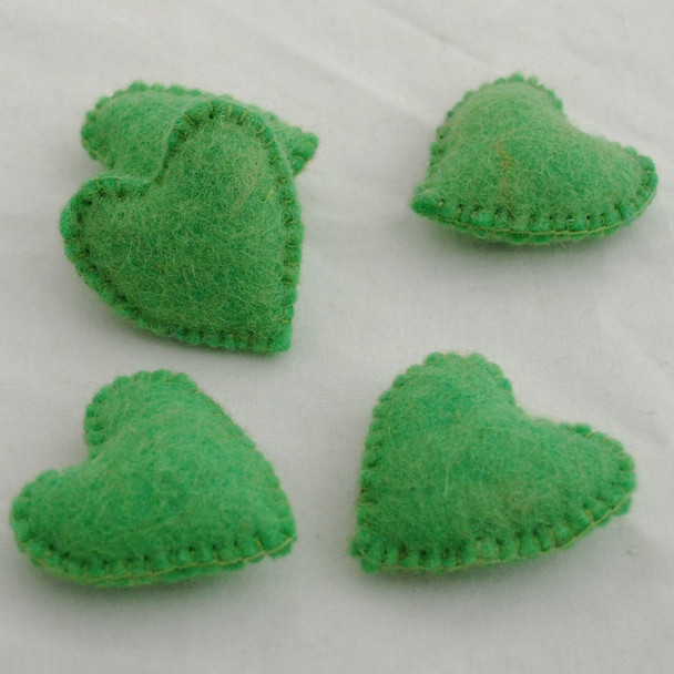 100% Wool Felt Fabric Hand Sewn / Stitched Felt Heart - 4 Count - approx 5.5cm - Green Flash