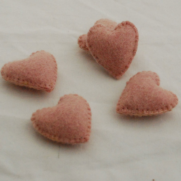 100% Wool Felt Fabric Hand Sewn / Stitched Felt Heart - 4 Count - approx 5.5cm - Peach Blossom Pink
