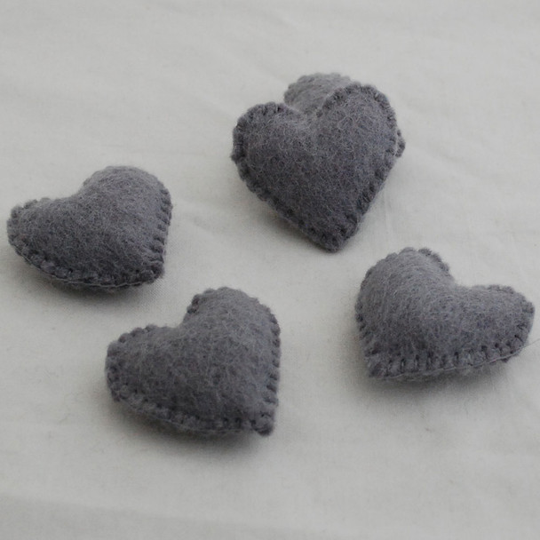 100% Wool Felt Fabric Hand Sewn / Stitched Felt Heart - 4 Count - approx 5.5cm - Rocket Metallic Grey