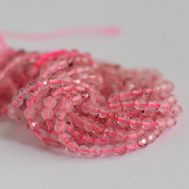 High Quality Grade A Natural Pink Strawberry Quartz Faceted Semi-Precious Gemstone Round Beads - 2mm - 15" long