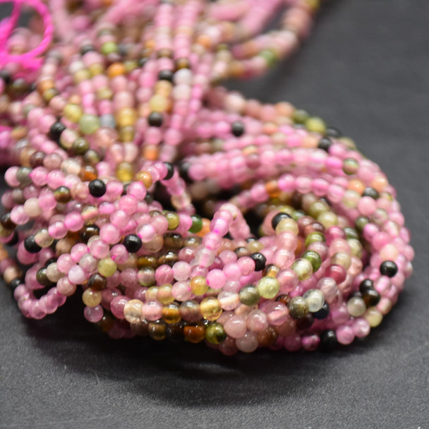 High Quality Grade A Natural Multi-Colour Tourmaline Semi-Precious Gemstone Round Beads - 2mm - 15" long