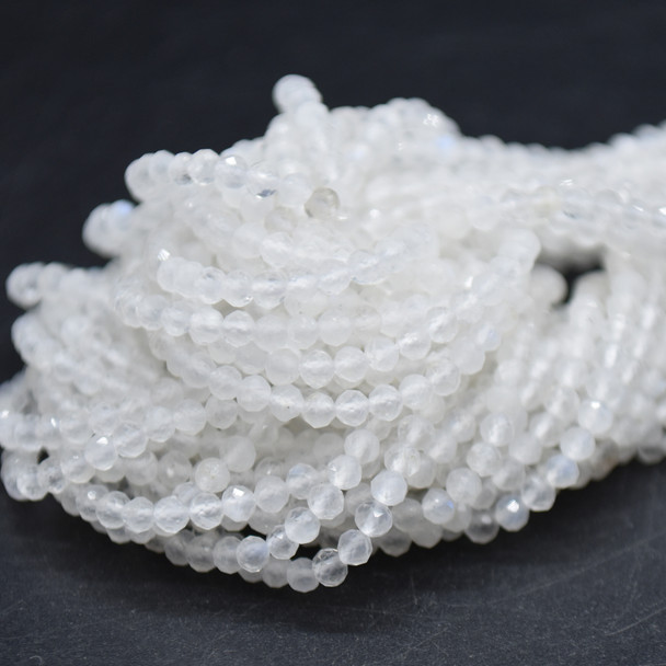 High Quality Grade A Natural Rainbow Moonstone Semi-Precious Gemstone FACETED Round Beads - 2mm - 15" long