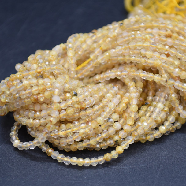 High Quality Grade A Natural Gold Rutilated Quartz Semi-Precious Gemstone FACETED Round Beads - 2mm - 15" long