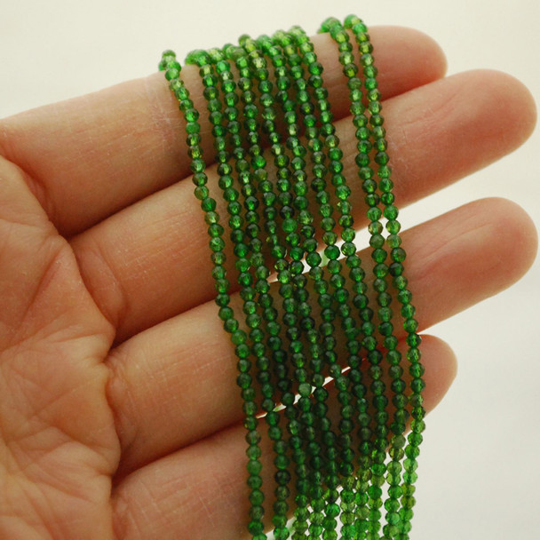 High Quality Grade A Natural Green Chrome Diopside Semi-Precious Gemstone FACETED Round Beads - 2mm - 15" long