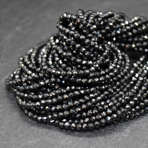 High Quality Grade A Natural Black Spinel Semi-Precious Gemstone FACETED Round Beads - 2mm - 15" long