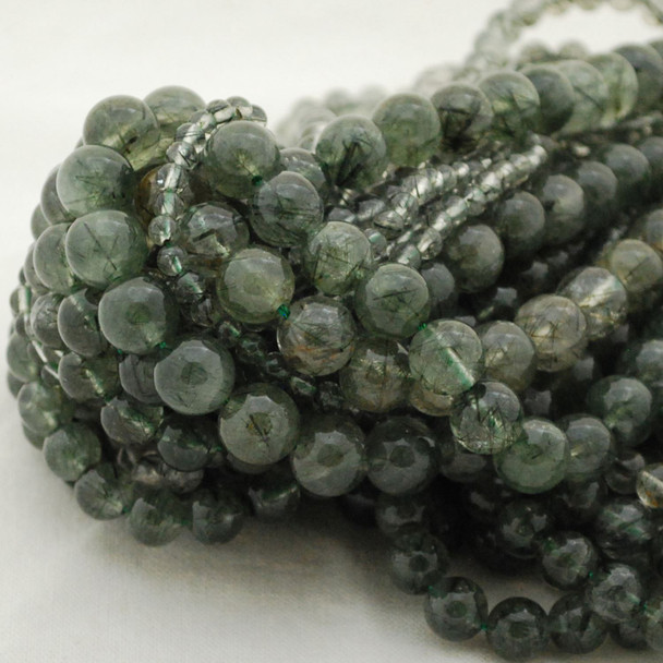 High Quality Grade A Natural Green Rutilated Quartz Semi-Precious Gemstone Round Beads - 4mm, 6mm, 8mm, 10mm sizes - 15" long