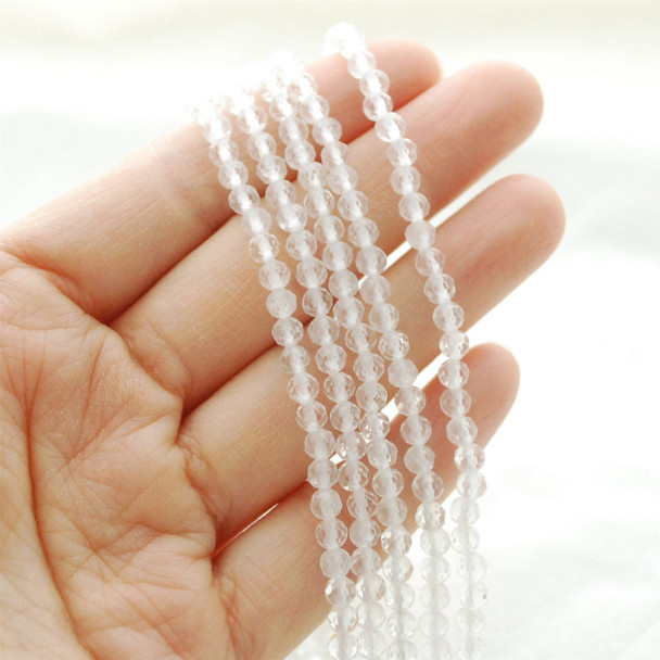 High Quality Grade A Natural Clear Quartz Semi-Precious Gemstone FACETED Round Beads - approx 4mm - 15" long