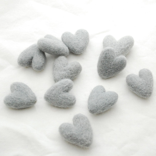 100% Wool Felt Hearts - 10 Count - approx 3cm - Silver Grey