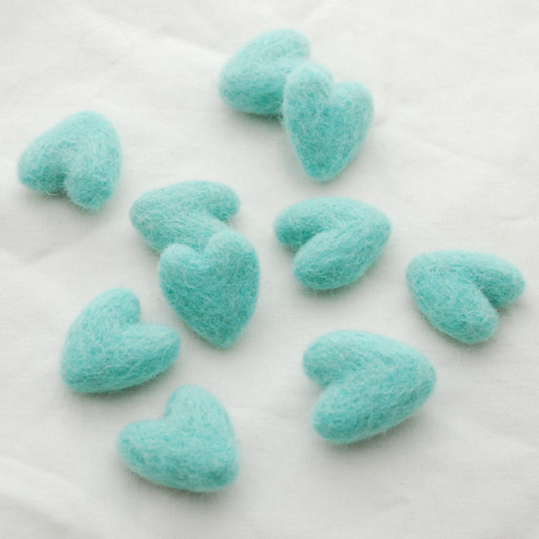 100% Wool Felt Hearts - 10 Count - approx 3cm - Deep Mint Blue