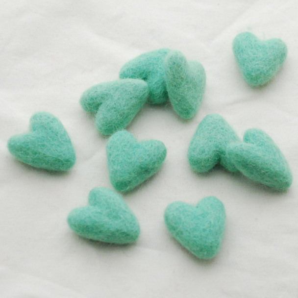 100% Wool Felt Hearts - 10 Count - approx 3cm - Aquamarine Green
