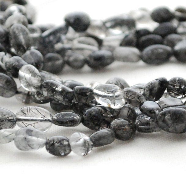 High Quality Grade A Natural Black Rutilated Tourmaline Quartz Semi-precious Gemstone Pebble Tumbledstone Nugget Beads - approx 5mm - 8mm - 15" long strand