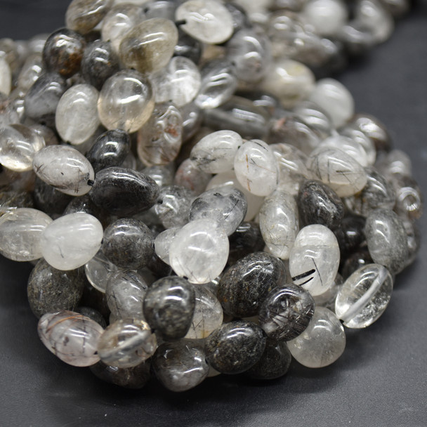 High Quality Grade A Natural Black Rutile And Tourmaline Quartz Semi-precious Gemstone Pebble Tumbledstone Nugget Beads - approx 7mm - 10mm - 15" long strand