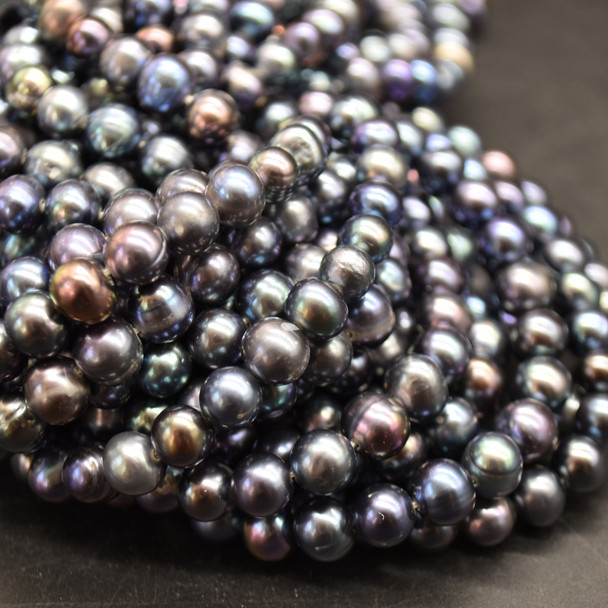 High Quality Grade A Peacock Black (dyed) Freshwater Near Round Potato Pearl Beads - approx 7mm - 8mm - 14" long