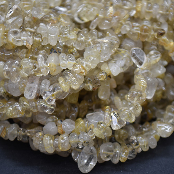 High Quality Grade A Natural Golden Rutilated Quartz Semi-precious Gemstone Chips Nuggets Beads - 5mm - 8mm, approx 32" Strand