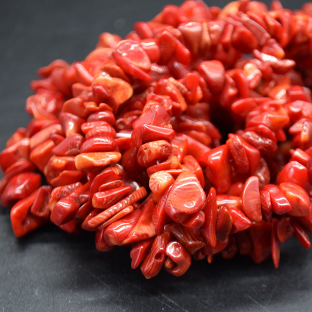 High Quality Red Coral (dyed from natural white coral)  Semi-precious Gemstone Chips Nuggets Beads - 5mm - 8mm, approx 32" Strand