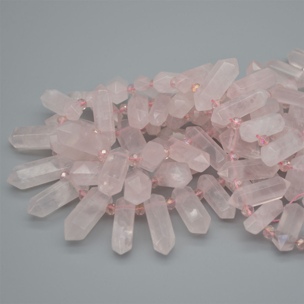 High Quality Grade A Natural Rose Quartz Semi-Precious Gemstone Double Terminated Points Beads / Pendants - 14" strand