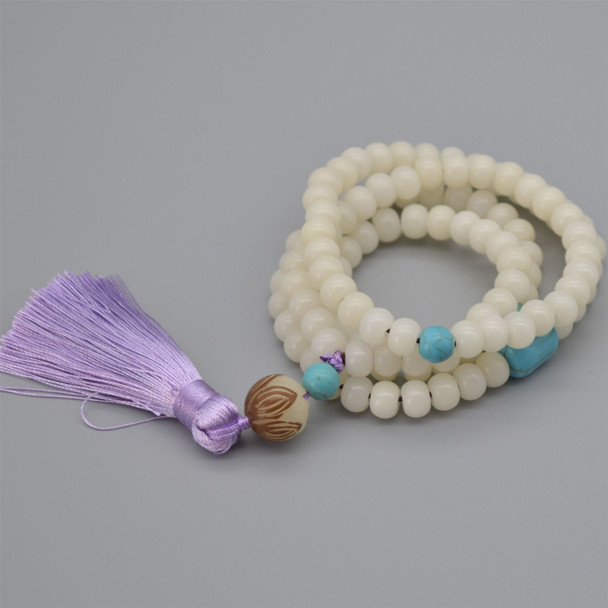 Natural Ivory White Bodhi Root Rondelle Beads with Hand Carved Lotus Bead - 108 beads - Mala Prayer Beads - 8mm x 6mm